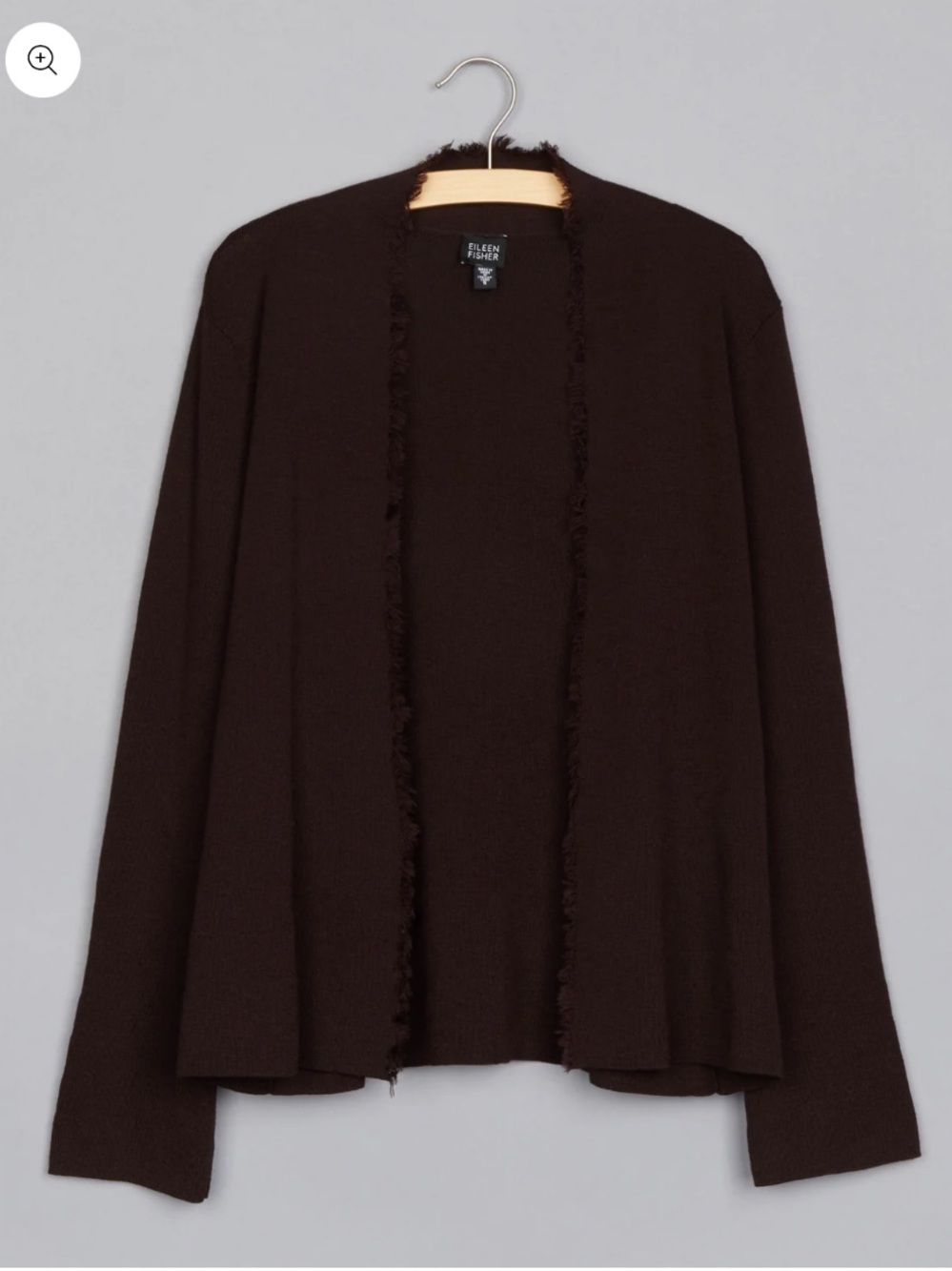 Eileen Fisher Washable Wool Crepe Fringe Cardigan in Dark Chocolate Brown Medium